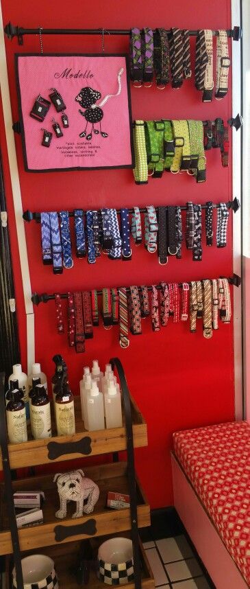 Here is a picture of the updated display of my handmade dog collars for sale at Harmony's favorite place! New colors and styles are always being added. Smooches for Pooches is a wonderful grooming/daycare studio. Stop in and check it out! Dog Collar Display Ideas, Dog Collar Display, Simple Animals, Pet Store Ideas, Meds For Dogs, Service Dogs Gear, Dog Grooming Shop, Doggy Daycare, Dog Grooming Salons