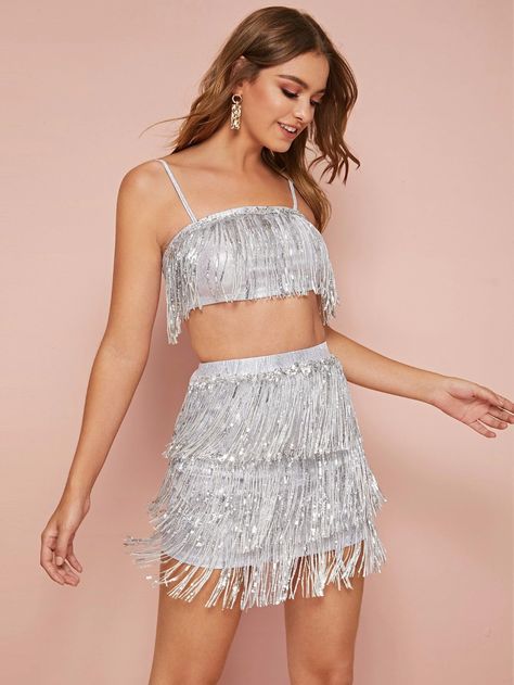 Sequin Fringe Trim Metallic Cami Top & Skirt Set | SHEIN USA Eras Tour Outfits Sequin Skirt, Sequin Fringe Skirt, Country Fest, Eras Outfit, Eras Outfits, Era Tour, Taylor Swift Tour, Clean Products, Disco Cowgirl