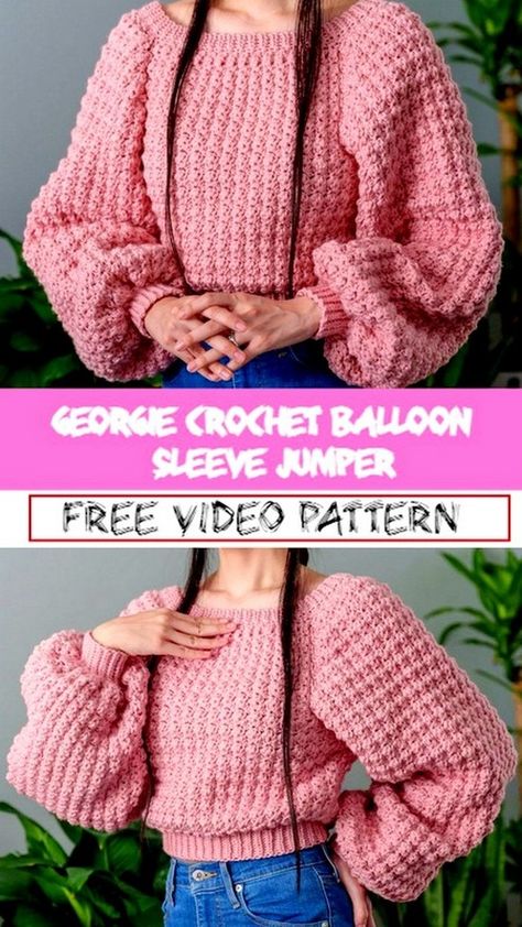 Crochet Jupiter Sweater Patterns Each Season & Next Crochet Balloon Sleeve, Balloon Sleeves Pattern, Pola Sweater, Crochet Balloon, Crochet Jumper Pattern, Ladies Crop Top, Crop Top Design, Trendy Balloons, Balloon Sleeve Cardigan