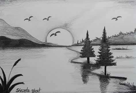 Simple Drawing Nature, Nature Easy Sketch, Things To Draw Scenery, Scenery Sketch Landscapes, Nature Sketches Pencil Beautiful, Pencil Drawings Landscape, Nature Sketches Pencil Simple, Landscape Pencil Drawings Easy, Pencil Art Drawings Landscape