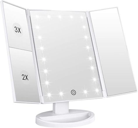 Amazon.com - WEILY Makeup Vanity Mirror with LED Lighting and Touch Screen, Tri-Fold 1x 2X 3X Magnification,180° Adjustable Rotation,Battery and USB Powered,Countertop Cosmetic Mirror (White) True Mirror, Hollywood Lights, Makeup Vanity Mirror, Lighted Vanity Mirror, Apply Makeup, Magnifying Mirror, How To Apply Eyeliner, Makeup Mirror With Lights, Cosmetic Mirror