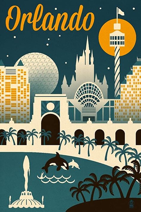 AmazonSmile: Orlando, Florida - Retro Skyline (12x18 Art Print, Wall Decor Travel Poster): Wall Art Florida Poster, Florida Art, Outdoor Stickers, Skyline Art, Stock Art, Print Wall Decor, Travel Wall Art, Vintage Travel Posters, Orlando Florida