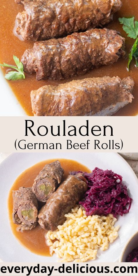 German Cabbage Rolls, German Sauerbraten Recipe, Rolled Beef, German Recipes Dinner, Bacon Pickles, Rouladen Recipe, Pickles Onions, Beef Meatloaf Recipes, Easy German Recipes