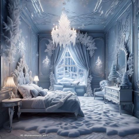 Classy Frozen Bedroom, Snow Bedroom Aesthetic, Snow Bedroom, Green Bedroom Aesthetic, Bedroom Castle, Frozen Bedroom, Lake House Bedroom, Castle Bedroom, Fantasy Bedroom