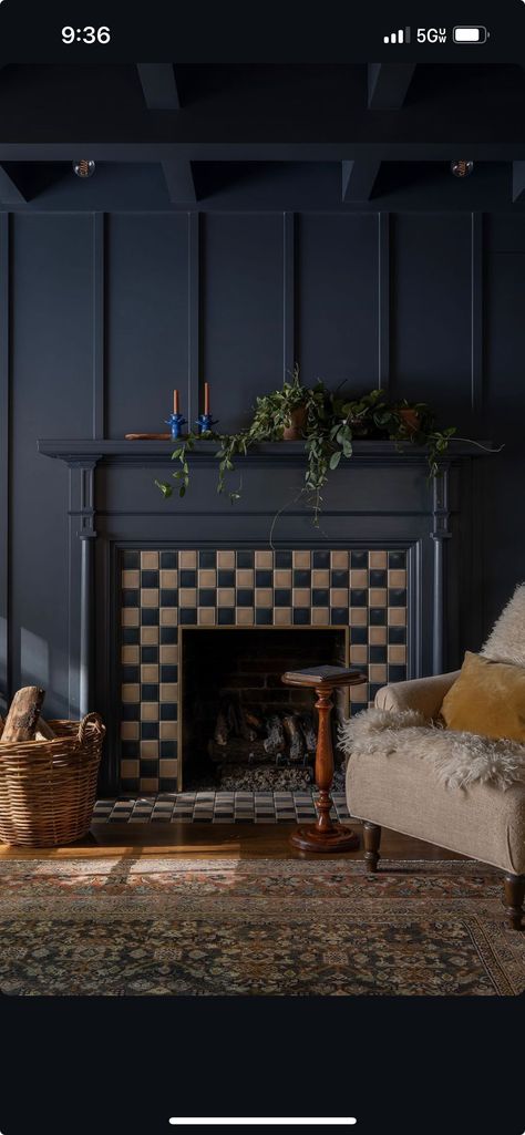 Tudor Cottage Interior, Moody Fireplace, Vintage Fireplace Mantle, Jessica Helgerson Interior Design, Painted Mantle, Painted Built Ins, Jessica Helgerson, Moody Living Room, Ohio House