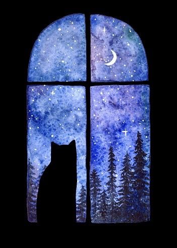 Cats Watercolor, Spruce Forest, Sky Watercolor, Silhouette Painting, Relaxing Art, Diy Watercolor Painting, Galaxy Painting, Celestial Art, Forest Painting