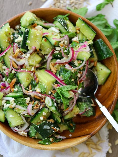 Smashed Cucumber Salad with Feta and Mint Mint Feta Salad, Best Cucumber Salad, Summer Squash Salad, Cucumber Salad Recipes, Smashed Cucumber, Smashed Cucumber Salad, Salad With Feta, Mint Salad, Squash Salad