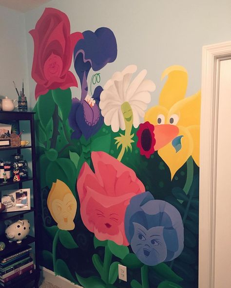 Nursery Room Wall Art, Wonderland House, Flowers Mural, Alice In Wonderland Aesthetic Room, Alice In Wonderland Room Decor, Alice And Wonderland Nursery, Alice In Wonderland Room Ideas, Alice In Wonderland Bedroom Ideas, Alice In Wonderland Mural