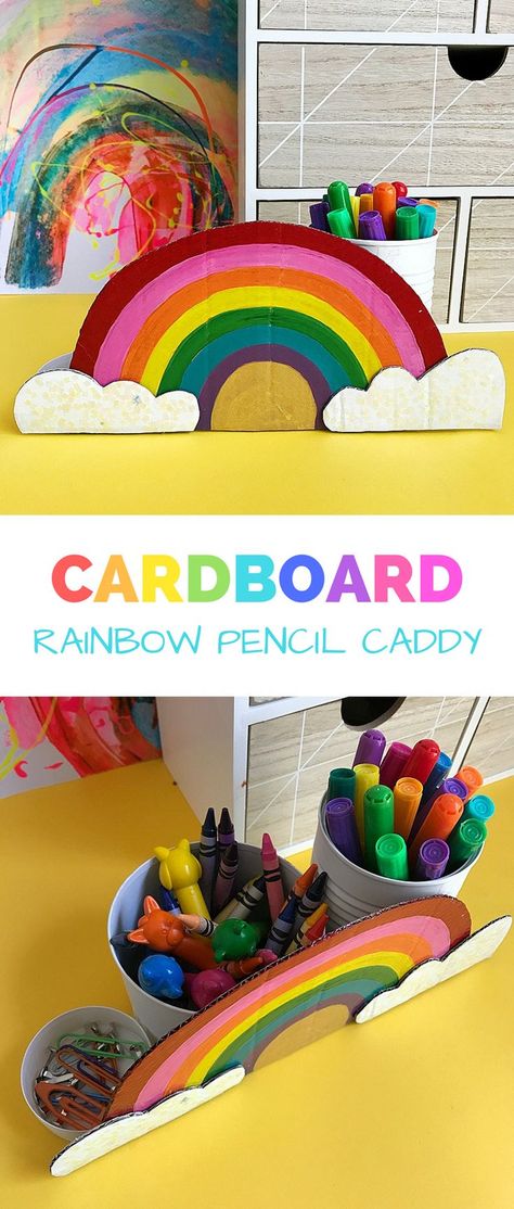 Recycled Cardboard Rainbow Pencil Caddy. Great #recycledcraft for kids. Earth Day Craft. #kidscraft #kidsart Cardboard Rainbow, Recycled Crafts Kids Projects, Pencil Caddy, Earth Day Craft, Rainbow Pencil, Recycled Crafts Kids, Earth Day Crafts, Easy Arts And Crafts, Rainbow Crafts