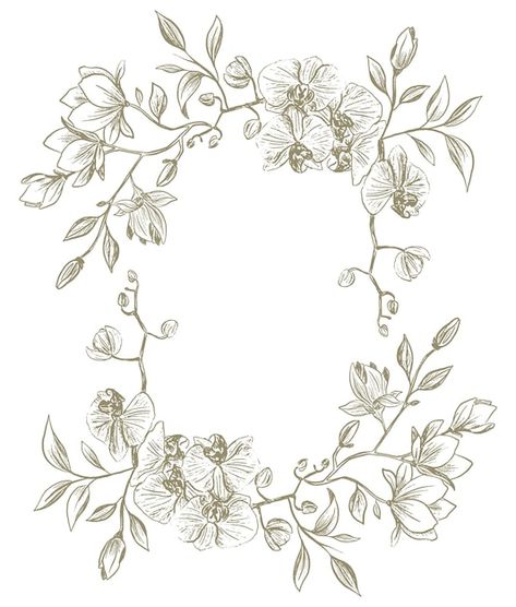 Hand drawn sketch style floral frame wit... | Premium Vector #Freepik #vector #decorative #outline #clipart #wreath Leaf Frame Drawing, Floral Border Design Drawing, Flower Wreath Drawing, Oval Floral Frame, Floral Wreath Drawing, Orchid Wreath, Drawing Borders, Framed Tattoo, Draw Flowers