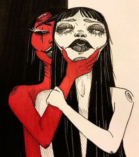 backstabber two faces art two faced red black white Psychotic Art Style, Aleah Aesthetic Core, Inner Turmoil Art, Folie A Deux Aesthetic, 2000s Drawings Aesthetic, Art That Makes You Think, Lesbian Asthetic Paintings, Grunge Art Paintings, Woman Looking Up Drawing