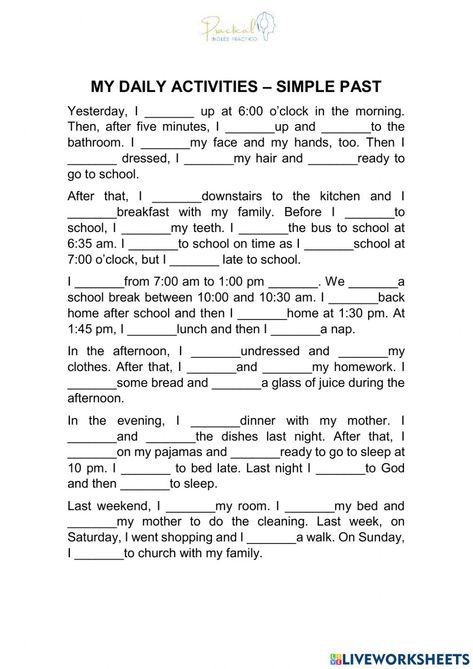 Simple past - daily activities online worksheet for BASIC. You can do the exercises online or download the worksheet as pdf. Daily Activities Worksheet, Past Simple Exercises, Past Simple Worksheets, School To Do List Printable, Listening Skills Worksheets, Simple Past Verbs, School To Do List, Listening Worksheet, Daily Routine Worksheet