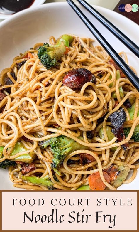 Food court style Asian noodles are loaded with traditional Asian flavors and tender- crisp veggies. Quick and easy, and super addicting! Food Court Chinese Noodles, Air Fryer Sweet Potato Fries, Cellophane Noodles, Noodle Stir Fry, Mall Food Court, Asian Noodle Recipes, Wheat Noodles, Asian Noodles, Black Food