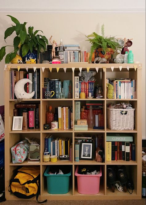 cube shelves from ikea, filled with books & trinkets for good storage 😌😌 Cube Shelves Decor, Ikea Box Shelves, Cube Shelf Decor, Ikea Cubby, Cubby Makeover, Shelves Ikea, Cube Bookshelf, Ikea Boxes, Cube Shelf