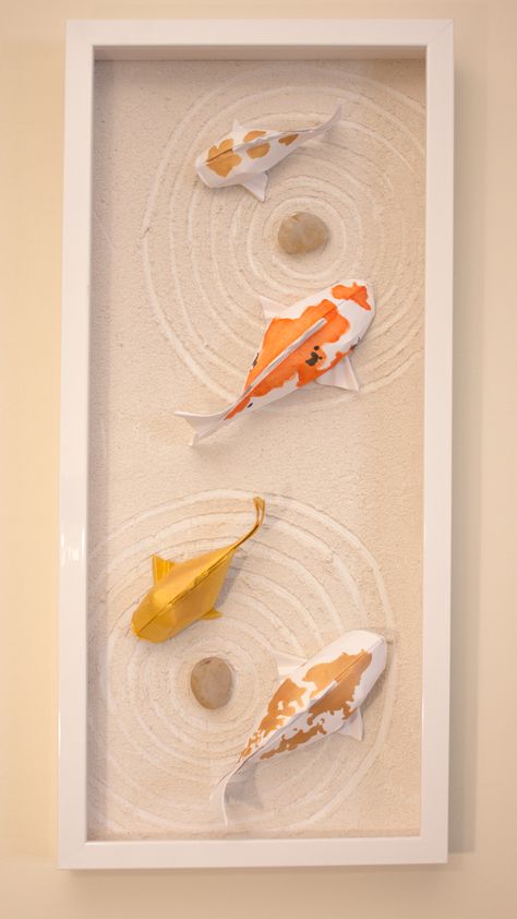 Origami On Canvas, Origami Shadow Box Art, Diy Fish Decor, Diy Origami Box, Diy Origami Decor, Origami Fish Easy, Koi Origami, Paper Origami Diy, Origami Koi Fish