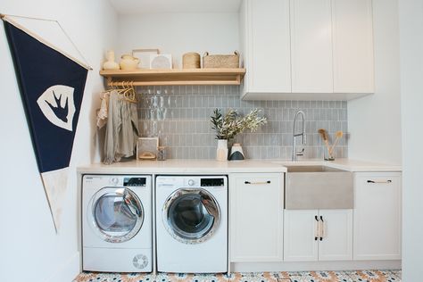 Laundry & Mud Room Reveal - Kyal & Kara : Kyal & Kara Chevron Tiles Floor, White Ceiling Paint, Jardan Furniture, Room Floor Tiles, Kyal And Kara, Ceiling Paint Colors, Floor Grout, White Internal Doors, Timber Shelves