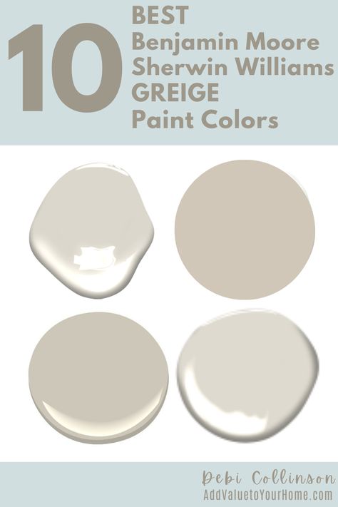 10 BEST Sherwin Williams and Benjamin Moore GREIGE interior paint colors. Greige is simply gray and beige mixed together. Its a warm gray for those of us that prefer a warm gray compared to a cool gray. Greige has taken over in popularity from cool gray. #populargreigepaintcolors #bestsherwinwilliamsgreigepaintcolors #bestbenjaminmooregreigepaintcolors Behr Greige Cabinets, Popular Greige Sherwin Williams, Best Benjamin Moore Greige, White Greige Paint Colors, Grieve Paint Colors, Best Taupe Paint Color Benjamin Moore, Soft Greige Paint Color, Rustic Greige Paint, Moth Gray Paint