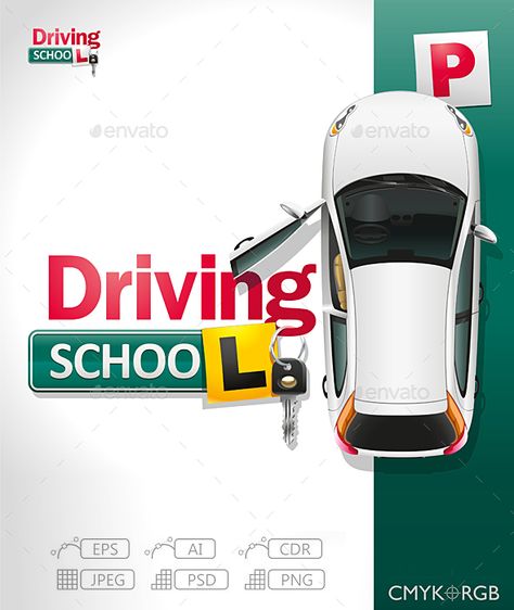 Car Driving School Green Parking, Social Media Campaign Design, School Car, Driving Instructor, School Creative, School Banner, Learning To Drive, Car Driving, White Car