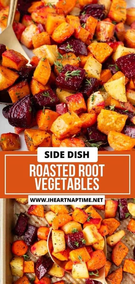 Our roasted root vegetables combine carrots, parsnips, beets, sweet potatoes, and a medley of aromatic herbs and spices to make an earthy side dish that is colorful and easy! Healthiest Vegetables, Roasted Carrots And Parsnips, Parsnip Recipes, Root Vegetables Recipes, Sweet Potato Side Dish, Sweet Potato Sides, Roasted Potatoes And Carrots, Roasted Root Veggies, Roasted Vegetables Oven