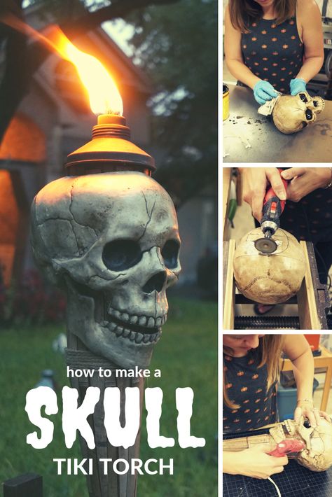 Learn how to take a simple plastic skull from the box store and easily turn into a DIY Halloween tiki torch skull! This is a simple and easy DIY Halloween Decor project that you can do yourself and with the kids. Skeleton Tiki Torch, Halloween Tiki Decorations, Texas Chainsaw Halloween Decorations, Skull Tiki Torch Diy, Halloween Tiki Torches, Skeleton Outdoor Halloween Decor, Hanging Halloween Decorations, Halloween Camping Ideas, Skull Halloween Decor