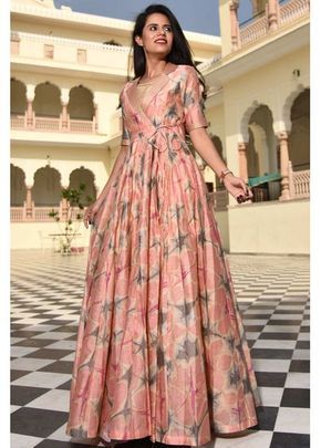 Embroidered Neck Peach Dress - | 3999 Dresses From Old Sarees, Wrap Outfit, Wash Car, Anarkali Dress Pattern, Stitching Dresses, Long Gown Dress, Salwar Kamiz, Indian Gowns Dresses, Kurta Designs Women