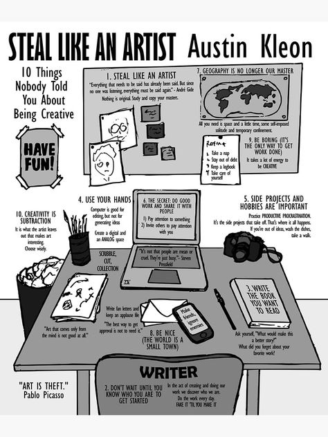 Think Like An Artist, Steal Like An Artist, What Is Creativity, Visual Book, Austin Kleon, Book Writing Tips, Book Summaries, Self Improvement Tips, Drawing Tips