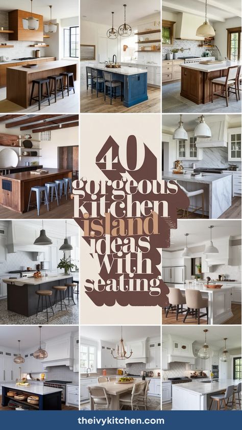 Collage of various kitchen island designs, each featuring different seating styles. Kitchen Island Dimensions With Seating, Seating For Small Spaces, Kitchen Island With Sink And Seating, Kitchen Island With Stools, Kitchen Island Designs With Seating, Island Ideas With Seating, Kitchen Island Ideas With Seating, Kitchen Islands With Seating, Islands With Seating