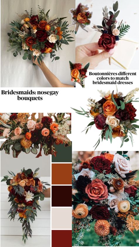 Preferably different boutonnière to match/similar to bridesmaid’s dresses. Debating traditional bridesmaid bouquets or nosegay. Fall Wedding Color Schemes, Madison Wedding, Bridesmaid Bouquets, November Wedding, Future Wedding Plans, Fall Wedding Colors, Wedding Color Palette, Western Wedding, Wedding Mood Board