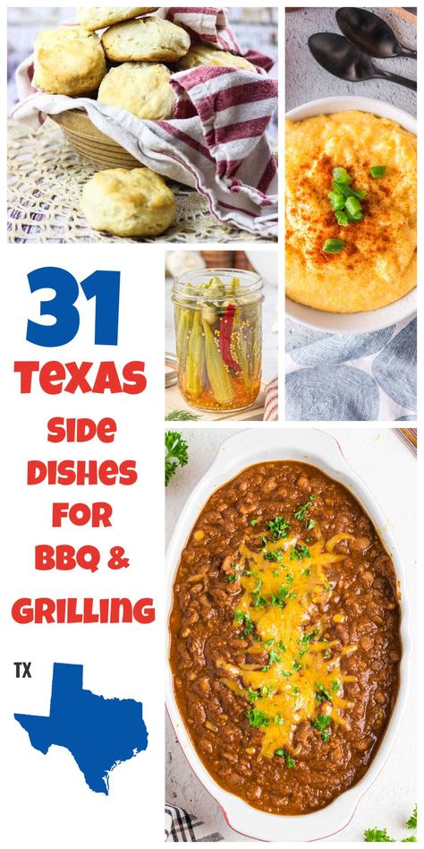 31 Texas side dishes, from creamy jalapeño cheese grits to bbq mac salad. Perfect for BBQs, cookouts,and adding a Southern twist to any meal! Side Dishes For Bbq For Cookout, Instant Pot Side Dishes For Bbq, Bbq Recipes Sides, Dilly Beans, Salad Cream, Pickled Okra, Cheese Grits, Green Beans And Potatoes, Bbq Sides