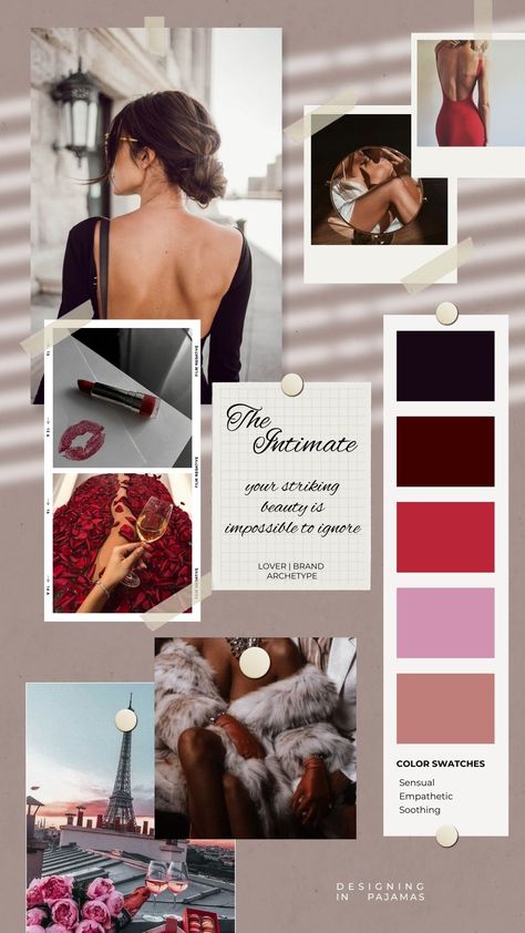 Lover Archetype Color Palette, Lover Archetype Aesthetic Outfit, Personal Style Mood Board, Lover Archetype Moodboard, The Lover Style Archetype, Lover Archetype Brand, Lover Brand Archetype Moodboard, The Lover Archetype Aesthetic Style, Brand Archetypes Lover