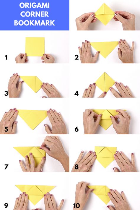 How to Fold an Origami Corner Bookmark - Follow these steps to learn this beginner fold. Then click the link to see how you can turn these into characters. #origami #papercraft #kidscraft #bookmark Origami Bookmark Corner, Origami Bookmarks, Bookmark Crochet, Origami Bookmark, Corner Bookmark, Bookmark Craft, Instruções Origami, How To Make Origami, Book Origami