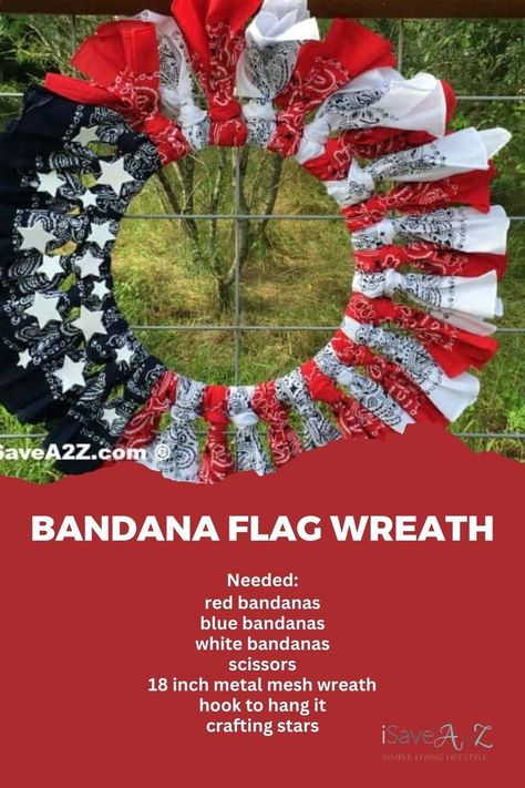 Get ready for a burst of patriotic fun with this DIY Red, White & Blue Bandana Flag Wreath! Perfect for adding a festive touch to your home decor, this easy craft project is a great way to celebrate in style. Gather your materials and let's get crafting! Bandana Flag, Bandana Wreath, American Flag Bandana, Flag Wreath, Blue Bandana, Burlap Bows, Easy Craft Projects, Patriotic Wreath, Wreath Crafts