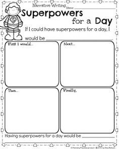 Kindergarten Writing Worksheet for February - Narrative Writing Prompt Superpowers for a Day. Kindergarten Narrative Writing, Grade 1 Writing, Narrative Writing Kindergarten, Printable Writing Prompts, Spring Writing Prompts, Narrative Writing Prompts, Kindergarten Writing Prompts, 2nd Grade Writing, Literacy Worksheets