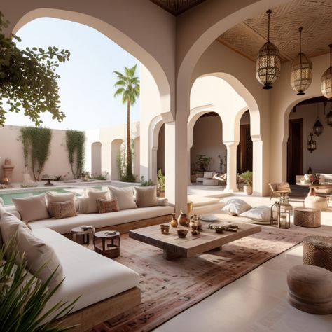 Morrocan Interieur Design, Moroccan Villa Design, Moorish Architecture Modern, Moroccan Style Homes, Traditional Moroccan House, Morocco House Design, Modern Moroccan Architecture, Moroccan House Design, Mediterranean Lounge