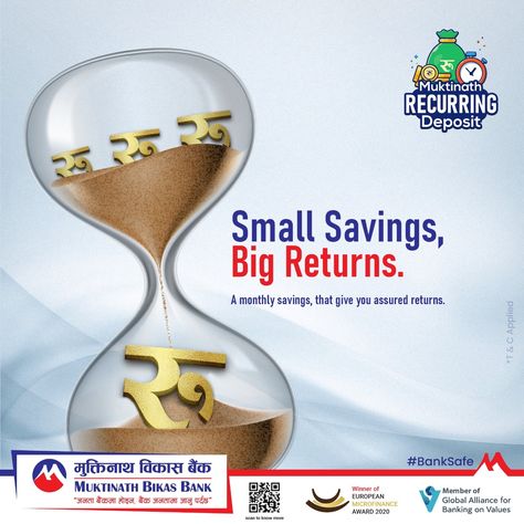 Small Savings, Big Returns! Monthly savings, that gives assured returns with Muktinath Recurring Deposit. #MuktinathBikasBank #BankSafe #recurringdeposit #bestbank #bestsavings #fixeddeposit #MNBBL #monthlyreturns #savings Fixed Deposit, Bank Safe, Monthly Savings, Banking, How To Apply