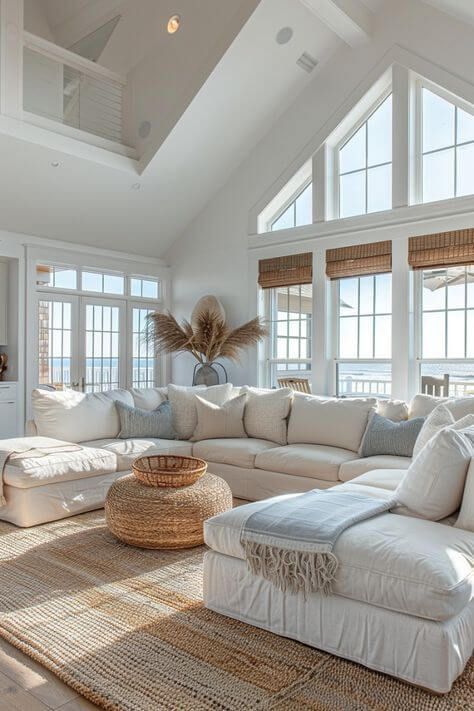 Aesthetic Beach House Living Room, Chic Beach House Coastal, Coastal Bonus Room, Hamptons Home Aesthetic, Costal Interior Living Room, Coastal Living Room Aesthetic, Coastal Mansion Interior, Cozy Beach House Aesthetic, Costal House Aesthic