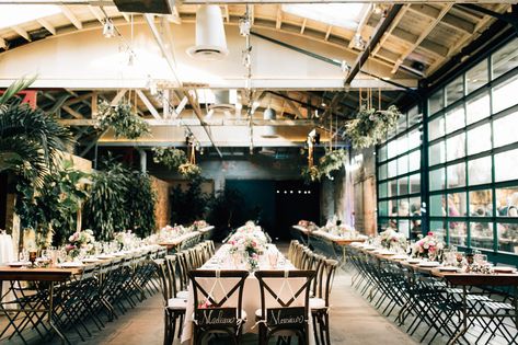 elegant wedding reception with an industrial edge Millwick Wedding, Greenery Photography, Hanging Florals, Socal Wedding Venues, Joshua Tree Wedding, Southern California Wedding Venues, Blush Peonies, Elegant Wedding Reception, California Wedding Venues