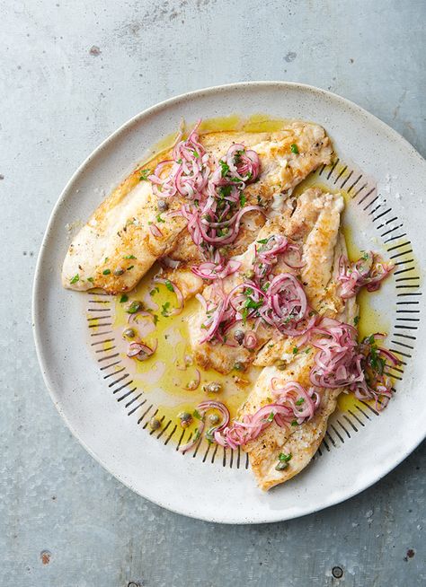 Grilled Fish with Caper and Red Onion Dressing | dish » Dish Magazine Grilled Fish, Calamari, Fish Dishes, Seafood Dishes, Fish And Seafood, Red Onion, Fish Recipes, Seafood Recipes, Food Inspiration