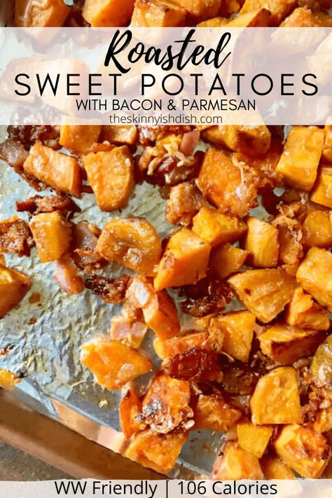 Turn on your oven and be prepared to be wowed with my easy and delicious Sheet Pan Sweet Potatoes with Bacon and Parmesan! It’s one of the best side dish recipes you can bring to the table for any meal, whether it’s a Tuesday or Thanksgiving! #sweetpotatoes #bacon #ww Pan Sweet Potatoes, Sheet Pan Sweet Potatoes, Butternut Squash With Bacon, Sweet Potatoes With Bacon, Butternut Squash Recipes Roasted, Potatoes With Bacon, Best Side Dish, Butternut Squash Recipes, Side Dish Recipes Easy