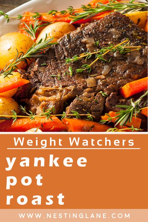 Weight Watchers Hearty Yankee Pot Roast Recipe made with lean boneless bottom round rump roast, black pepper, salt, onions, water, onion soup mix, balsamic vinegar, dried thyme, red potatoes, baby carrots, and fresh parsley. This is a delicious comfort food dinner. MyWW Points: 9 Blue Plan, and 9 Green Plan, 9 WW Freestyle Points and 9 Smart Points. Bottom Round Rump Roast, Yankee Pot Roast, Weight Watchers Food Points, Weight Watchers Crock Pot Recipes, Weight Watchers Meals Dinner, Rump Roast, Chuck Roast Recipes, Pot Roast Recipe, Weight Watchers Recipes Desserts