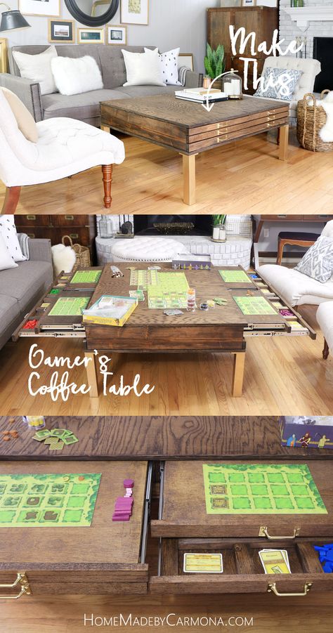 Get free build plans to make this stunning Gamer's Coffee Table! // Large 4'x3' surface, plus individual pullout game boards, storage compartment below that, and puzzle compartment at the bottom for the kids, AND stylish to satisfy the wife! // Home Made by Carmona blog Board Game Room, Koti Diy, Board Game Storage, Puzzle Table, Board Game Table, Build Plans, Table Large, Game Boards, Diy Coffee Table