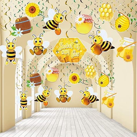 Bee Hanging Swirl Decorations Bee Day Party, Ceiling Streamers, Bee Theme Party, Bee Birthday Party, Bee Baby Shower Theme, Bee Day, Fairy Garden Party, Bee Party, Bee Birthday