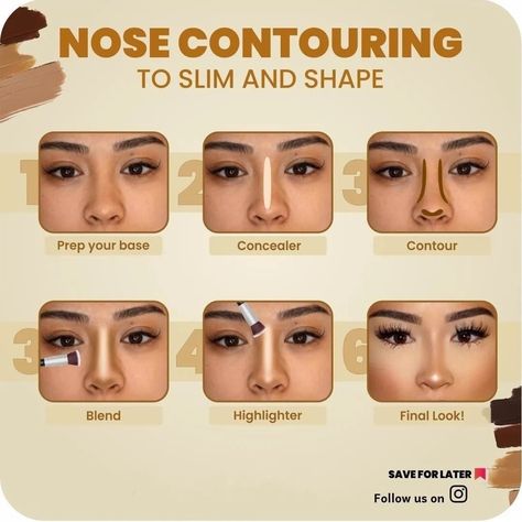 Contouring Tips, Maquillage On Fleek, Nose Makeup, Makeup Order, Simple Makeup Tips, Makeup Face Charts, Nose Contouring, Makeup Artist Tips, Makeup Help