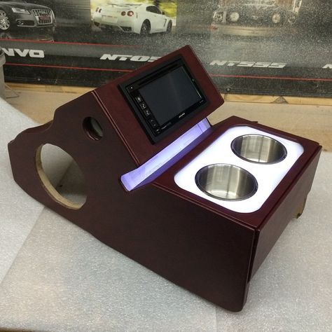 car audio double din custom console cup holders leds. Stereo Idea, Console Ideas, Custom Center Console, Custom Car Audio, Cars Interior, Subwoofer Box Design, Automotive Upholstery, Custom Consoles, Custom Car Interior