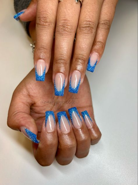 Glitter French Tips Blue, Blue French Glitter Nails, Glittery Blue French Tip Nails, Royal Blue Nails Sparkle, Blue French Tips Square, Sparkly Blue French Tip Nails, Blue Sparkle French Tip Nails, Blue Tip Nails French Manicures, Blue Glitter French Tip Nails