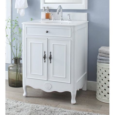 Highland Dunes Madelon 26 Single Bathroom Vanity Set & Reviews | Wayfair Antique White Bathroom, Small Bathroom Sink Vanity, Vanity Furniture, Cottage Style Bathrooms, Bathroom Ambiance, Small Bathroom Sinks, White Bathroom Cabinets, Shabby Chic Bathroom, White Marble Countertops