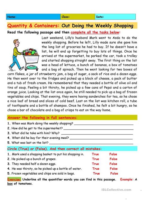 Reading Comprehension: Out Doing the Weekly Shopping - English ESL Worksheets for distance learning and physical classrooms Reading Practice Worksheets, Esl Reading Comprehension, Phonics Reading Passages, Punctuation Worksheets, First Grade Reading Comprehension, Esl Reading, Esl Teaching Resources, Study English Language, Reading Comprehension Lessons