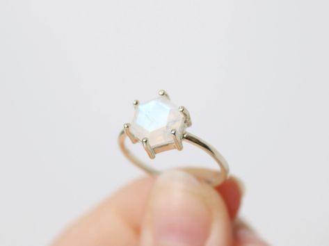 8mm Hexagon Moonstone Ring Rainbow Moonstone Engagement Ring, Crystal Structure, Rutilated Quartz Ring, Moonstone Ring Sterling Silver, Moonstone Engagement, Moonstone Engagement Ring, Rainbow Moonstone Ring, Geometric Ring, Quartz Ring