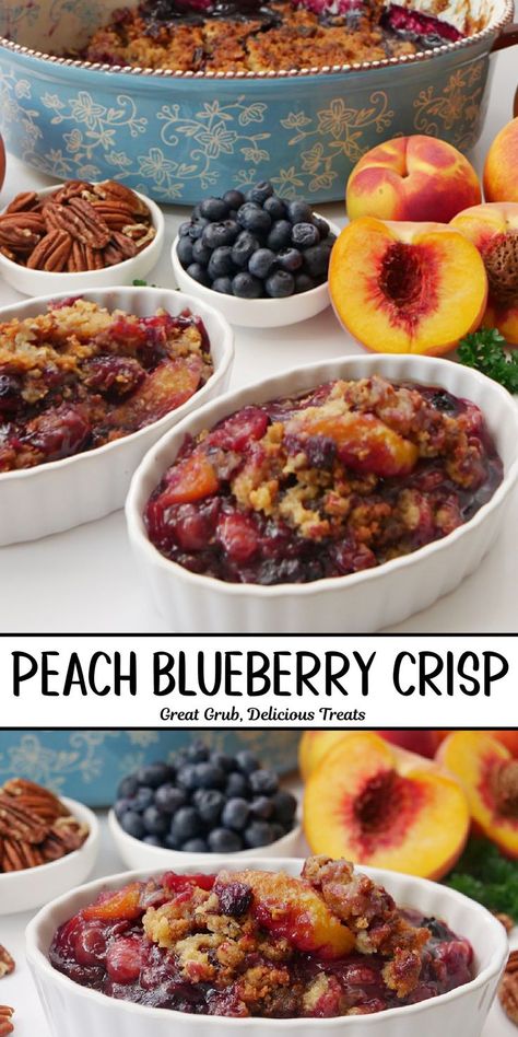 A double photo collage of peach blueberry crisp in small white bowls with fresh peaches, blueberries, and walnuts in the background. Peach Blueberry Crumble, Pecan Crumble Topping, Peach Blueberry Crisp, Peach Blueberry Cobbler, Pecan Crumble, Blueberry Crisp, Brown Sugar Recipes, Peach Blueberry, Oven Baked Recipes