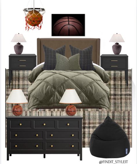 Sporty bedroom with green accents. Nightstands are 36% off The beanbag is 27% off Rug is over 45% off depending on size Bed is on sale, percentage depends on the size#ltksale #ltkcanada #ltkkids #ltkhome #ltksalealert #ltkteens Queen Bed Boys Room, Boys Teen Bedroom Ideas, Boy Green Bedroom, Green Teen Boy Bedroom, Boys Bedroom Ideas Age 8-10, Teen Boy Bedroom Green, Boys Green Bedroom, Bedroom With Green Accents, Boys Sports Bedroom Ideas